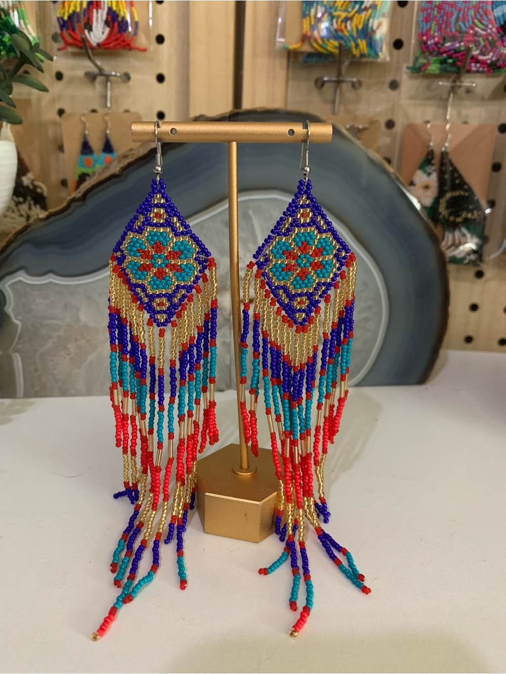 Vibrant Beaded Fringe Earrings in Blue, Turquoise & Red